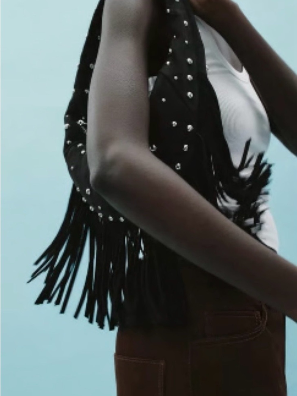 Zara Black Fringe Oval Shaped Studded 100% Leather Shoulder Bag